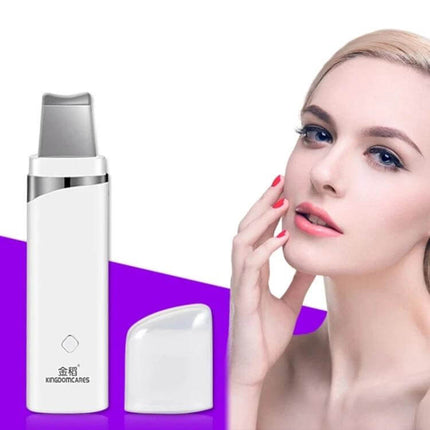 Ultrasonic Blackhead Remover Pore Cleaner For Facial Care compact device beside model, ultrasonic pore cleaner for at-home deep gentle cleansing and skin prep