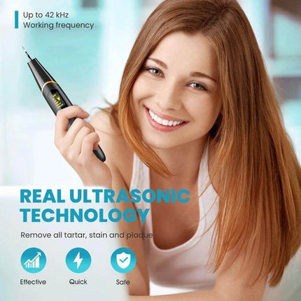 Ultrasonic Calculus Removal Dental Scaler For Home Use — smiling woman holding compact ultrasonic dental scaler with LED display, 37–42 kHz