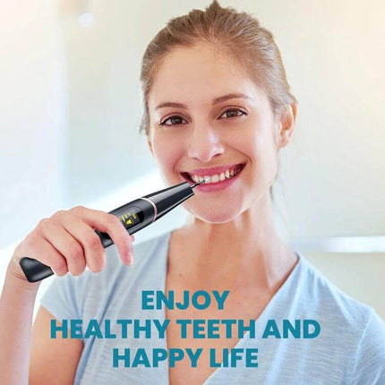 Ultrasonic Calculus Removal Dental Scaler For Home Use shown being used by smiling woman with LED display, stainless steel tip for plaque and calculus