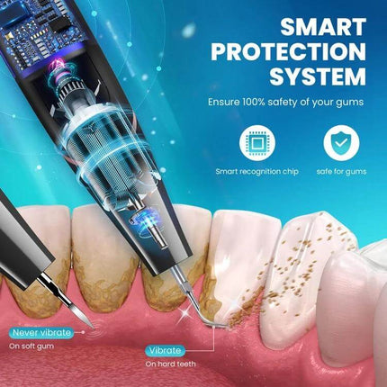 Ultrasonic Calculus Removal Dental Scaler For Home Use - close-up of device tip removing calculus with LED display and smart protection system