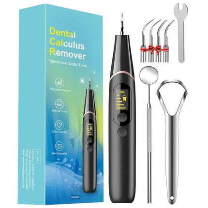 Ultrasonic Calculus Removal Dental Scaler For Home Use black handheld device with LED display and stainless steel tips and accessories