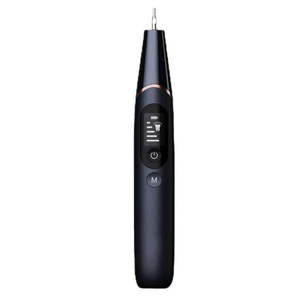 Ultrasonic Calculus Removal Dental Scaler For Home Use - sleek black handheld device with LED display, stainless steel tip and power/M controls