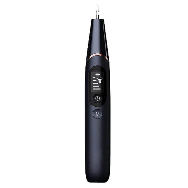 Ultrasonic Calculus Removal Dental Scaler For Home Use - sleek black handheld device with LED display, stainless steel tip and power/M controls