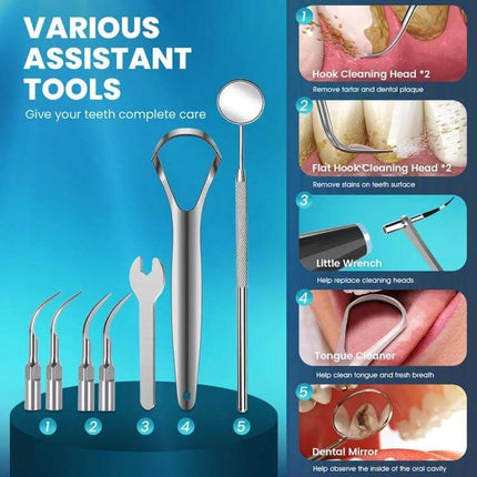 Ultrasonic Calculus Removal Dental Scaler For Home Use showing stainless tips, mirror, wrench and tongue cleaner on blue background