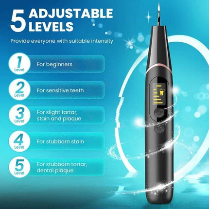 Ultrasonic Calculus Removal Dental Scaler For Home Use showing black handheld device with LED display and 5 adjustable power levels for tartar and plaque