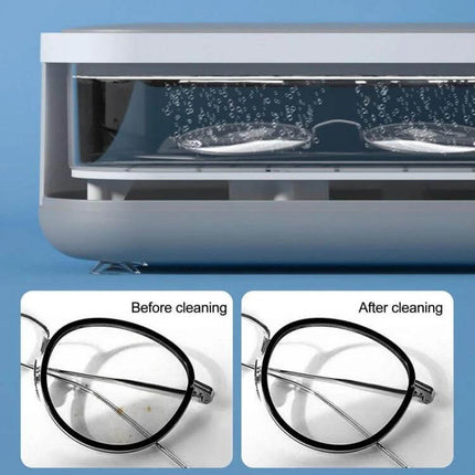 Ultrasonic Cleaner for Jewelry and Glasses, Rechargeable cleaning glasses with bubbling cavitation showing before and after spotless lenses