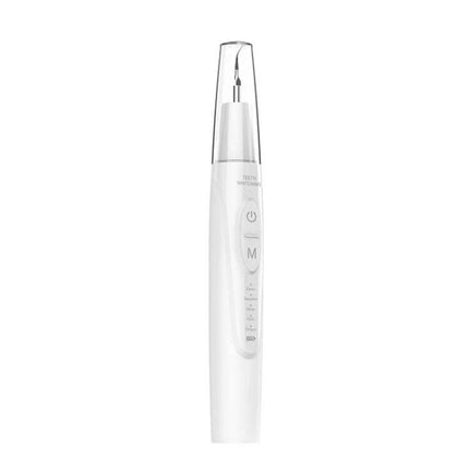 Ultrasonic Electric Scaler Portable For Home Dental Cleaning – white handheld ABS ultrasonic dental scaler with stainless steel tip and control buttons