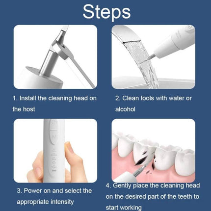 Ultrasonic Electric Scaler Portable For Home Dental Cleaning handheld device showing installation, rinsing, power selection, and cleaning steps