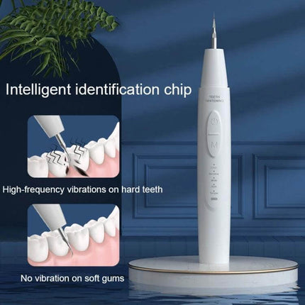 Ultrasonic Electric Scaler Portable For Home Dental Cleaning handheld device with intelligent chip showing high-frequency vibrations on teeth and no vibration on gums