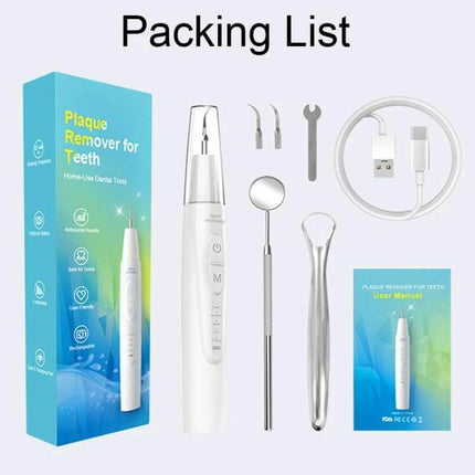 Ultrasonic Electric Scaler Portable For Home Dental Cleaning kit with handheld device, tips, mirror, USB cable, and user manual