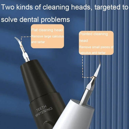 Ultrasonic Electric Scaler Portable For Home Dental Cleaning showing two interchangeable cleaning heads (flat and pointed) on black and white units