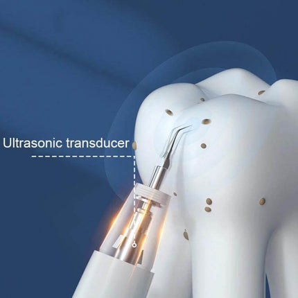 Ultrasonic Electric Scaler Portable For Home Dental Cleaning showing ultrasonic transducer tip cleaning tooth plaque