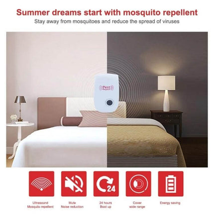 Ultrasonic Electronic Cockroach Mosquito Pest Reject Repeller US Plug mounted in bedroom emitting ultrasonic waves for mosquito and cockroach control