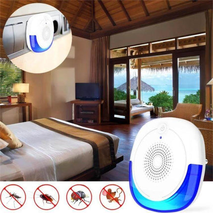Ultrasonic Insect Repellent Mosquito Killer US Plug in bedroom showing compact white ABS unit with blue trim for chemical-free pest control