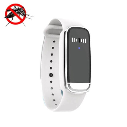 Ultrasonic Mosquito Repellent Bracelet Black For Outdoor Use white wristband showing digital display and no-mosquito icon