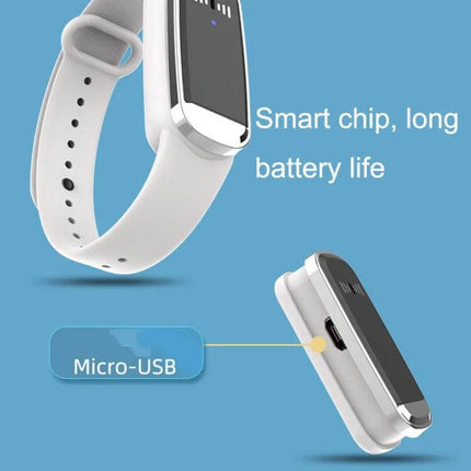 Ultrasonic Mosquito Repellent Bracelet Black For Outdoor Use showing white wearable device with smart chip and Micro-USB port