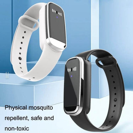 Ultrasonic Mosquito Repellent Bracelet Black For Outdoor Use shown as wearable black ultrasonic wristband providing non-toxic 360-degree mosquito protection