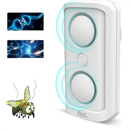 Ultrasonic Mosquito Repellent Dual-Speaker For Home Use - white plug-in device with dual speakers shown repelling cartoon mosquito