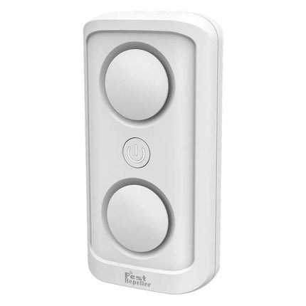 Ultrasonic Mosquito Repellent Dual-Speaker For Home Use white plug-in unit with dual circular speakers and power button