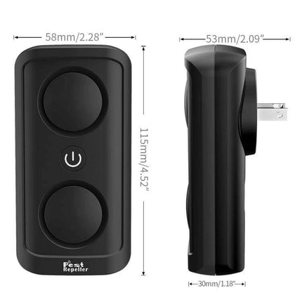 Ultrasonic Mosquito Repellent Dual-Speaker For Home Use black plug-in unit with dual speakers and dimensions shown