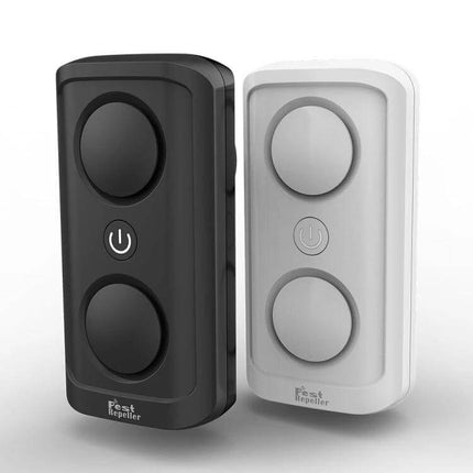 Ultrasonic Mosquito Repellent Dual-Speaker For Home Use – black and white plug-in units with dual speaker discs and power button
