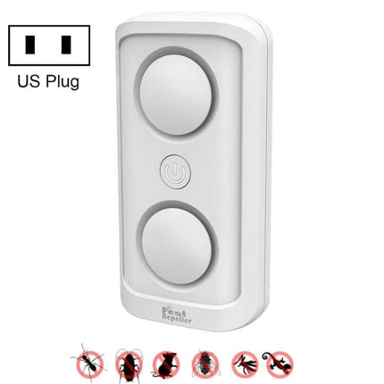 Ultrasonic Mosquito Repellent Dual-Speaker For Home Use plugged into US outlet, white dual-speaker ultrasonic pest repeller for living rooms and bedrooms