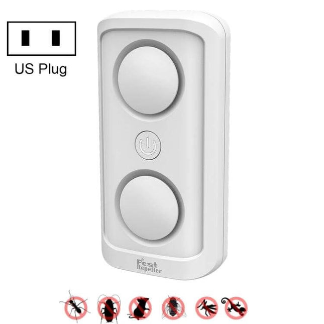 Ultrasonic Mosquito Repellent Dual-Speaker For Home Use plugged into US outlet, white dual-speaker ultrasonic pest repeller for living rooms and bedrooms