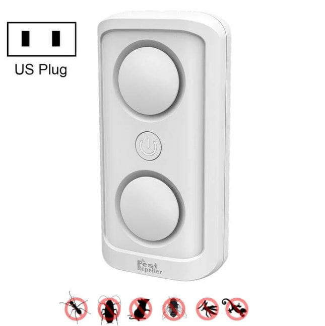 Ultrasonic Mosquito Repellent Dual-Speaker For Home Use white plug-in device with two round speakers and power button