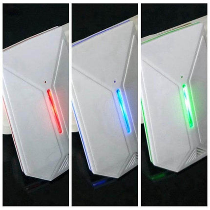 Ultrasonic Mosquito Repellent For Indoor Use With US UK EU Plug white compact unit with LED indicator lights red blue green
