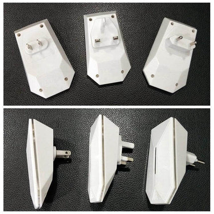 Ultrasonic Mosquito Repellent For Indoor Use With US UK EU Plug white multi-plug adapters showing US UK EU prongs and slim ABS housing