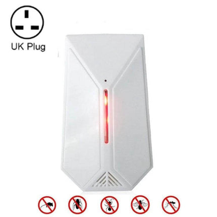 Ultrasonic Mosquito Repellent For Indoor Use With US UK EU Plug compact white radar-sensing indoor unit with UK plug and red LED