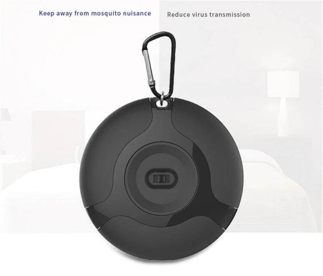 Ultrasonic Mosquito Repellent USB Charging Outdoor Use - black round 7-band ultrasonic device with carabiner hook for camping and backpacks