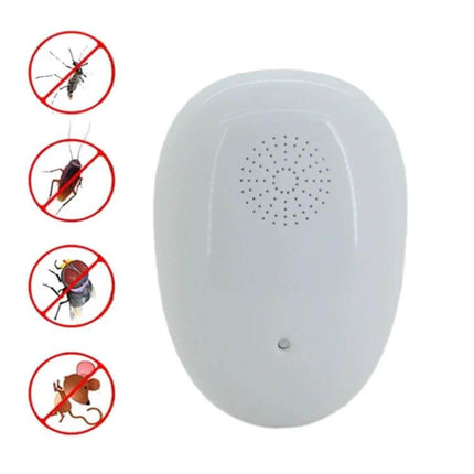 Ultrasonic Mosquito Repeller Plug In For Home And Office Use - white plug-in ultrasonic pest repeller showing speaker vents and no-chem mosquito, fly, cockroach, mouse icons