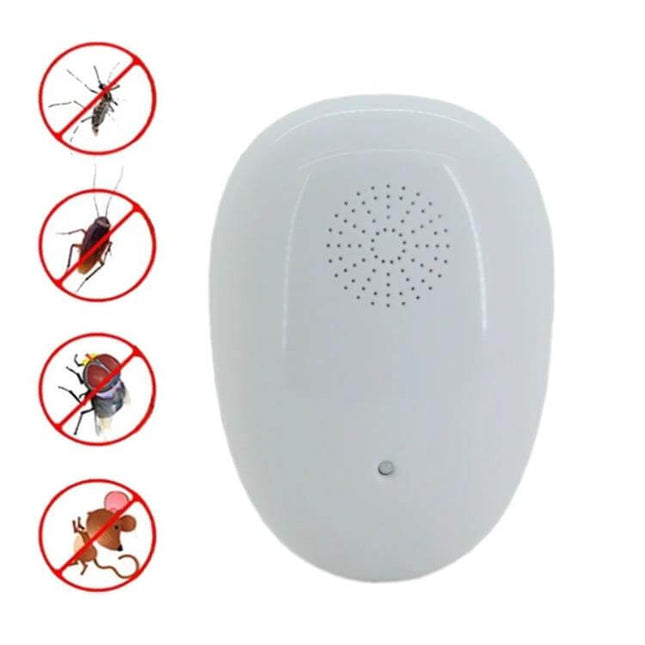 Ultrasonic Mosquito Repeller Plug In For Home And Office Use - white plug-in ultrasonic pest repeller showing speaker vents and no-chem mosquito, fly, cockroach, mouse icons