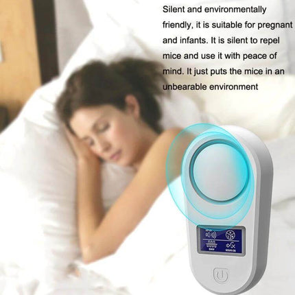 Ultrasonic Mouse and Mosquito Repellent With LCD Display Home Use — plug-in device shown near sleeping woman, LCD screen and touch control visible