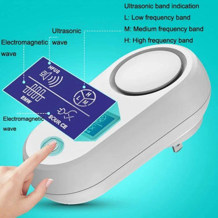 Ultrasonic Mouse and Mosquito Repellent With LCD Display Home Use - white plug-in device with LCD touchscreen and frequency band indicators
