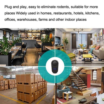 Ultrasonic Mouse and Mosquito Repellent With LCD Display Home Use small plug-in device shown in restaurant, living room, warehouse and loft settings