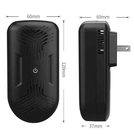 Ultrasonic Mouse And Mosquito Repeller For Home With US EU UK Plugs black dual‑speaker plug‑in unit showing front and side dimensions
