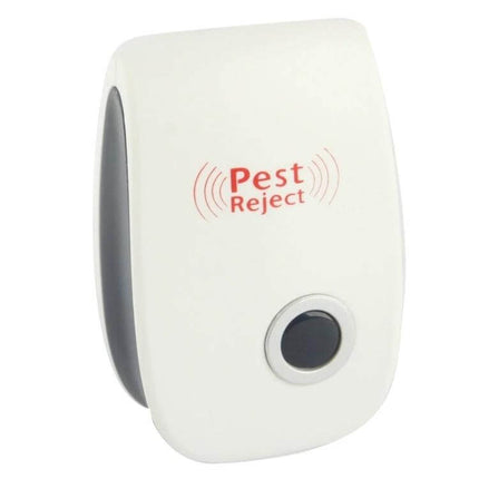Ultrasonic Pest Repeller 6 Pack For Cockroaches And Mosquitoes white plug-in unit showing Pest Reject logo and power button