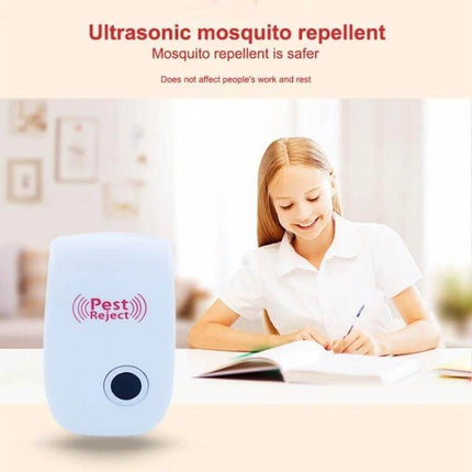 Ultrasonic Pest Repeller 6 Pack For Cockroaches And Mosquitoes white plug-in unit shown near smiling girl studying, chemical-free ultrasonic pest control