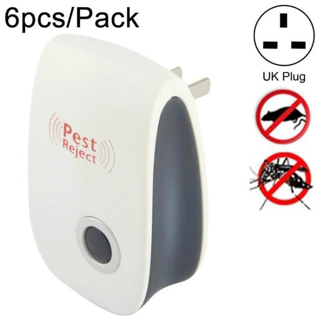 Ultrasonic Pest Repeller 6 Pack For Cockroaches And Mosquitoes white UK plug-in unit set showing front sensor and icons