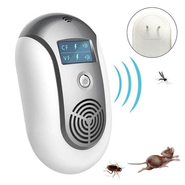 Ultrasonic Pest Repeller EU/UK/US Plug For Home Use white plug-in device emitting waves to deter mice, cockroaches, mosquitoes and other household pests