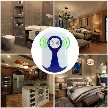 Ultrasonic Pest Repeller For Home Use US Plug Mosquitoes - compact plug-in unit shown in bathroom, bedroom, kitchen, and living areas