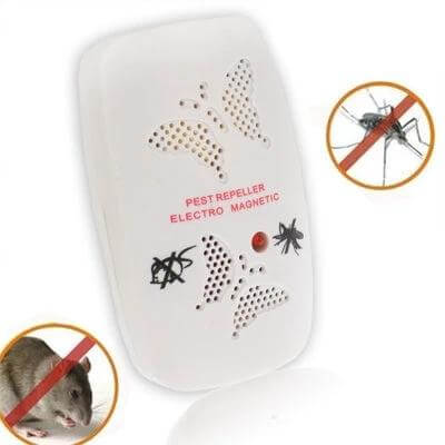 Ultrasonic Pest Repeller With Two-Stage Adjustable Settings, White EU Plug compact white unit showing butterfly vents and icons for mice and mosquitoes