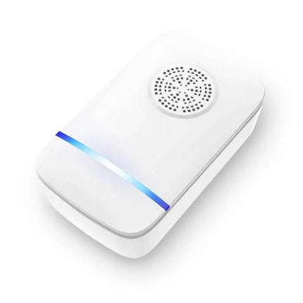 Ultrasonic Pest Repeller With Light for Home Use, 110-220V white plug‑in unit with blue LED and speaker grille