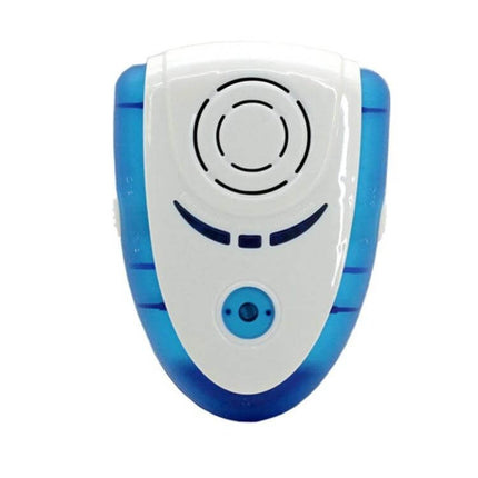 Ultrasonic Pest Repeller With Light For Indoor Home Use white and blue wall plug device showing speaker and LED light