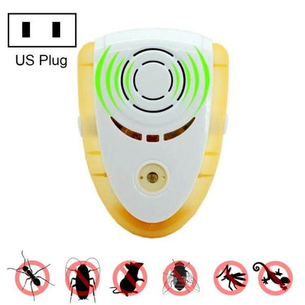 Ultrasonic Pest Repeller With Light For Indoor Home Use plugged into US outlet, white device with green pulse icon and pest icons