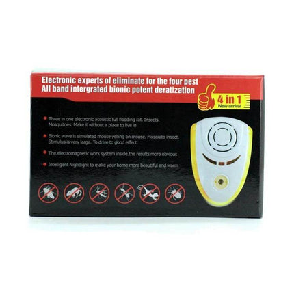 Ultrasonic Pest Repeller With Light For Indoor Home Use white plug-in unit on packaging showing usage icons and installation info