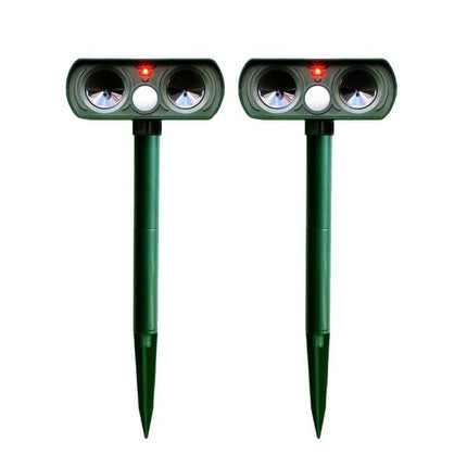 Ultrasonic Solar-Powered Animal Repeller, 2-Pack for Gardens placed in soil with solar panel, PIR sensor and weather-resistant housing