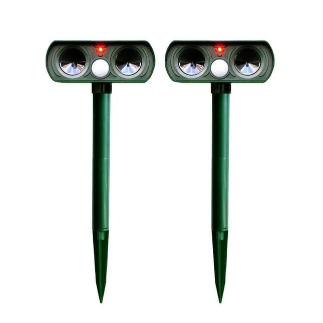 Ultrasonic Solar-Powered Animal Repeller, 2-Pack for Gardens placed in soil with solar panel, PIR sensor and weather-resistant housing
